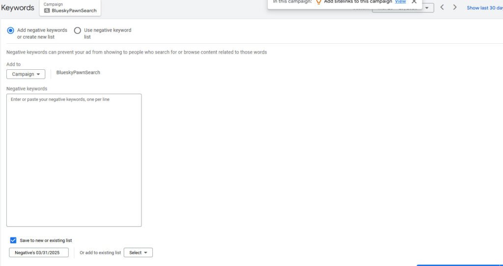 Creating Negative Keyword Lists inside of Google Ads