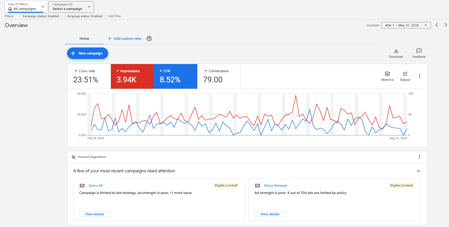 Blue Sky Advertisement showcases Google Ads overview showing conversion rate, clicks, and conversions for a Demolition Contractor's account